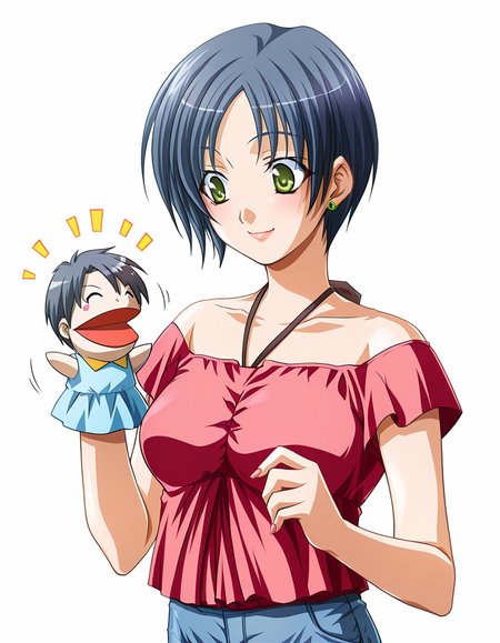 masterpiece, best quality, amazing quality, incredibly absurdres, official art, ultra detailed, official style, BREAK
1girl, solo, takebe_inaho, green eyes, short hair, blue hair, earrings, 
off-shoulder shirt, denim, 
^ ^, smile, looking at another, standing, hppt,hand puppet, happy aura simple background, white background, upper body, highly detailed <lora:hand_puppet_IL_v1:1> <lora:Takebe Inaho v1.0-000013:1>