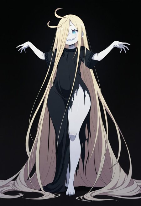<lora:Rui Arneb:1>
ru1, blonde hair, absurdly long hair, blue eyes, hair over one eye, sharp teeth, antenna hair, pale skin, 
torn black dress, short sleeves, barefoot, outstretched arms, grin, 
simple background, black background, masterpiece, best quality, amazing quality, thick thighs, wide hips,