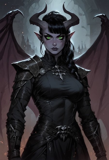 safe_pos, score_9, score_8_up, score_7_up, BREAK, 1woman portrait, beautiful, dramatic lights ((Succubus, Demon Girl, Succub, horns, seductive, seductive look, goth, goth girl, goth makeup, muscular, athletic, muscular woman, athletic woman, green eyes, wings, bat wings grey skin, grey colored skin, black hair, long braided ponytail, bangs, side bangs,))
<lora:Fant5yP0ny:0.6> <lora:fantasy_world_pony:0.9>
<lora:Cherry-Gig:0.55>