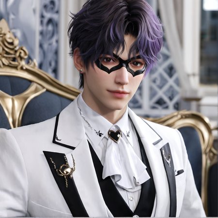 1boy,purple hair,black eyebrows,brown eyes,earring,(black domino mask:1.1),white jacket,(black patterns:1.1),grey vest,white ascot,heart pattern,white shirt,lapel pin,white pants,depth of field,gorgeous background,formal,indoors,looking at viewer,male focus,solo,masterpiece,best quality,high quality,detailed hair,detailed face,detailed skin,realistic,<lora:L&DsRafayel(ZQ)_v1.0:0.5>,