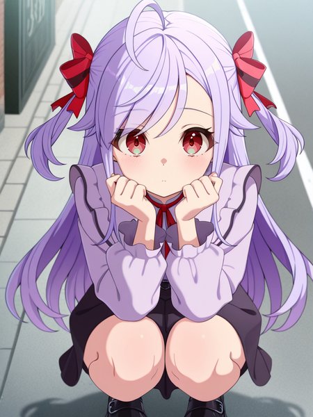 masterpiece, best quality, amazing quality, 1girl, solo, looking at viewer,
skirt, long sleeves, jirai_kei,
anime coloring, <lora:Niizuma_Yae_SIRIUS-10:1>, Niizuma_Yae_SIRIUS, long hair, red eyes, hair bow, red ribbon, purple hair, two side up, ahoge, sidelocks, swept bangs, street, squatting