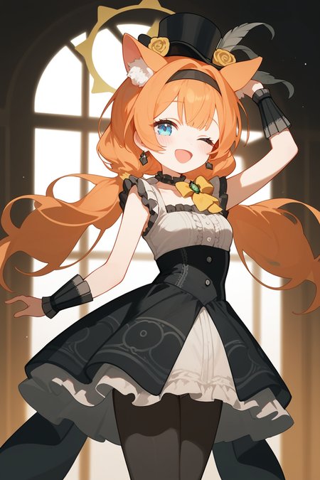 (score_9,score_8_up,score_7_up,),<lora:mari_(idol)-000024>,mari_(idol),orange hair,halo,animal ears,blue eyes,twintails,mini hat,low ponytail,yellow bow,frills,long hair,black pantyhose,black dress,smile,blush,cowboy_shot,singing,one eye closed,lace-trimmed panties,multiple views,