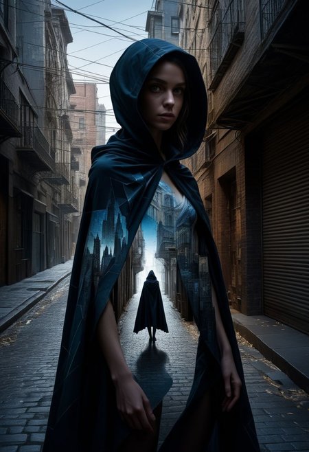 mysterious silhouette of a woman thief in a cape, alley, fantasy novel main character, goddess, alluring, by Minjae Lee, Carne Griffiths, Emily Kell, Steve McCurry, Geoffroy Thoorens, Aaron Horkey, Jordan Grimmer, Greg Rutkowski, amazing depth, double exposure, surreal, geometric patterns, intricately detailed, bokeh,  perfect balanced, deep fine borders, artistic photorealism , smooth,  great masterwork by head of prompt engineering   <lora:add-detail-xl:2>  <lora:Double_Exposure:0.5>