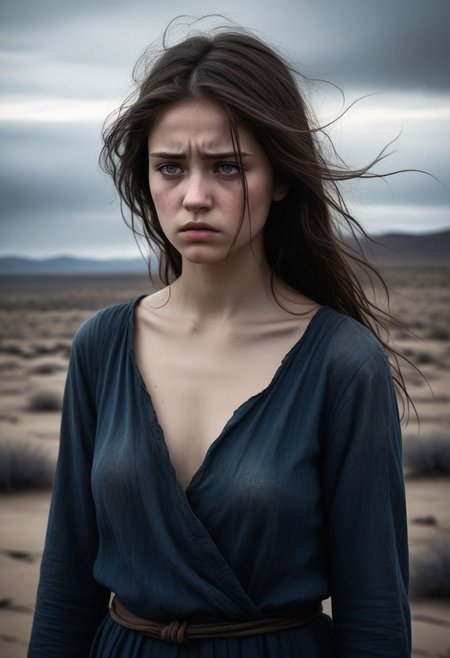Capture the raw emotion and intensity of Expressionism in a poignant and evocative piece titled "Lost Innocence." The artwork features a 26 years old breathtaking Warrior woman, her eyes filled with a mix of sorrow and longing, standing in a desolate, barren landscape. Her tousled hair falls in disarray around her shoulders, symbolizing the loss of innocence and the weight of experience. The colors are dark and somber, with deep blues and grays dominating the scene, conveying a sense of melancholy and introspection. The girl's posture is hunched, her body language exuding vulnerability and resignation. A single tear glistens on her cheek, reflecting the pain and turmoil within her soul. The background is sparse, with jagged, abstract shapes hinting at a world in turmoil, mirroring the girl's inner turmoil and sense of displacement. The overall composition evokes a sense of profound loss and the harsh reality of growing up in a world that can be cruel and unforgiving.