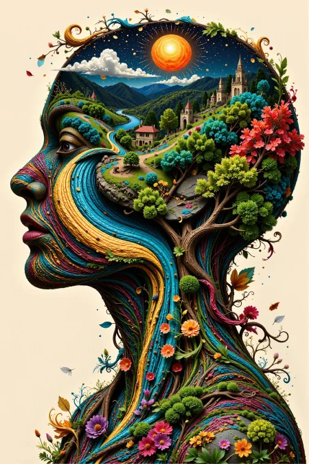 woman head beautiful  landscape, noon, woman, very intricate, very detailed, sharp, bright, colorful, <lora:Hand v2:1> <lora:Anti-Blur:2><lora:Insane Detail Slider:0.5>  <lora:flux.1_lora_flyway_Epic-detail_v2:0.3><lora:fluxenhancer:0.5>
