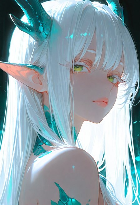 masterpiece, best quality, good quality, newest, highres, absurdres, volumetric lighting,gradient color,
BREAK 
raytracing, volumetric lighting, ambient occlusion, girl, luminescent background, masterpiece, best quality, very awa, absurdres, 
BREAK,
ryu, teal scales, pointed ears, white hair, green eyes, long hair, eastern dragon horns, long eyelashes, white eyelashes, sexy lips,