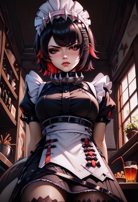 ellenJoeZzz, red eyes,short hair, hair ornament,shark tail, apron, belt, black belt, black dress, black eyeshadow, black hair, black nails, black shirt,  chain, colored inner hair, dress, eyeshadow, hair ornament, maid headdress, makeup, multicolored hair, shark tail, sharp teeth, shirt, short hair,  tail, white apron,
irritated, slight blush, lips closed,
1 girl, sit on chair, hands behind back, POV, 
cozy room, cafe, , view from below,
DNDFG, Detailed drawing, Fixhand,