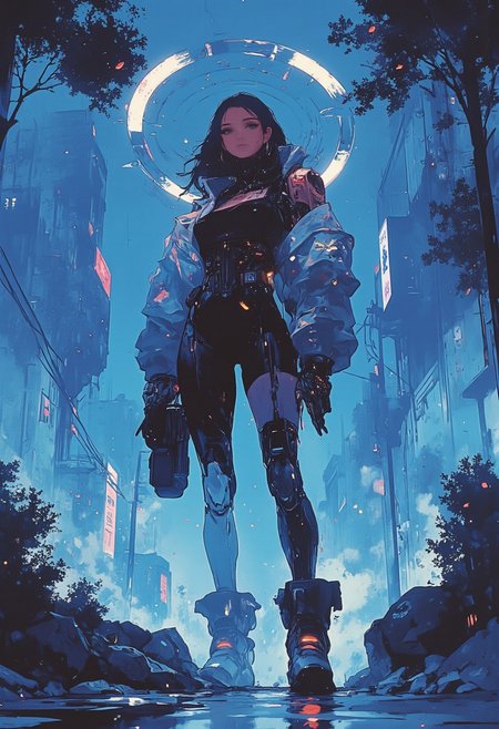 Masterpiece, An illustration of a female robot, standing in front of a city skyline with neon lights, (Best quality:1.9),Photorealistic,high definition,complex details,natural and realistic colors,high-quality texture,well-designed details, <lora:detailed_v2_flux_ntc:1> <lora:CPA:1> <lora:Luminous_Shadowscape:0.6> <lora:FLUX-daubrez-DB4RZ-v2:0.3> DB4RZ, DB4RZ style painting, ** I don't know how but it works XD ** Sumui-e EOlgon pidKZnk tbillowing bsillowing paintinq9g cloakrr, analYog, ZeCn coloredQy, VWhite, feathXsDered Wawsh, of0Gd nI5o, photoji ne4ovuschroma, cl8oseup suJVrreal Portrai5Lht FacKxve wom8Gan atmoRWspheric q9and anud ArsMJExiStyle li8Ughting, withJ SilhouetaKte dryyCO blaemck vphair mystWerious, inspireHgDd, Inkzag qiu_bIjzlue SwT8hrouded, glowiuKng an6ad verbMVy hajGir Schielbe eye45s absnMtract brruush, nCKo Wa, 7detailed andz2, bby, gigantic breasts  <lora:qiu_blue:0.25>  <lora:113_novuschromaFLX_1:0.25><lora:ZenInkWashSumi-eFlux:0.25> <lora:ckck-2:0.25>   <lora:CPA:1> anime, cyberpunk