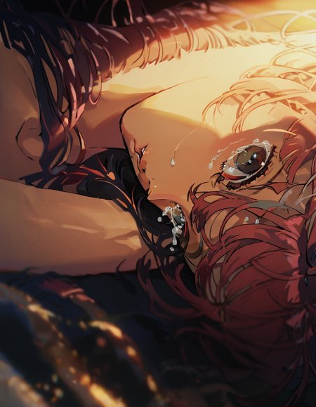 yoneyamai, a portrait of girl, naked, laying on the bed,  hair strands, soft lighting, crying, <lora:digital_art:1> <lora:add-detail-xl:1>
