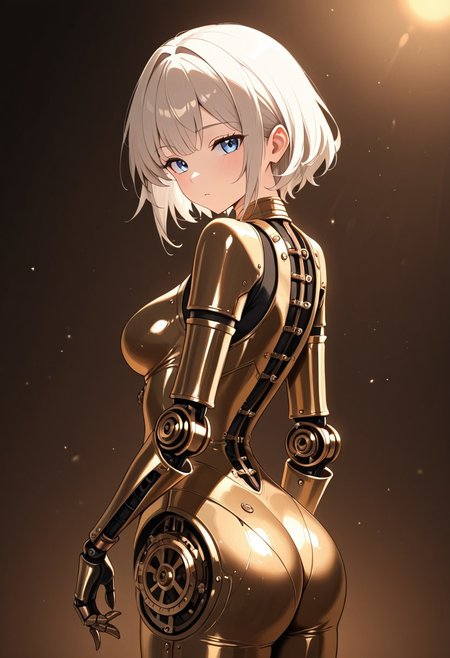 masterpiece, best quality, good quality, very aesthetic, absurdres, newest, 8K, depth of field,  in the style of cknc, artist:moriimee, in the style of cksc, 
1girl, short platinum hair, sleek, blue eyes, medium breasts, perky, metallic bodysuit, jointed limbs, glossy skin, performing pirouette, looking at viewer, from side
BREAK
steampunk theater, gears turning, spotlight shining
BREAK
warm light, bronze tones, high contrast, dramatic shadows, rich details, elegant atmosphere