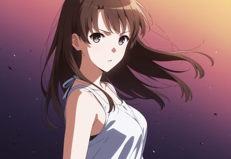 1girl, m3gum1kat0,brown hair, bangs, pupils,brown eyes,medium breasts, long hair, ((detailed eyes))

neon, exotic, epic, from side, looking at viewer , serious, soft shading, collarbone, floating hair, parted lips, upper body, gradient background, (detailed background:0.85), sleeveless dress,

 (masterpiece, best quality, very aesthetic, absurdres, highres:0.7), (very awa:0.6), MythAn1m3