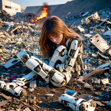 Realistic photo,Photo of a broken ruined android girl in a landfill, Broken and discarded android, ((body is broken with scares and holes))Hands and feet separated,half the face is android,laying on the ground, Dirty face and body,fire, <lora:brscprk_01-000010:0.5> <lora:dvr-cl-dvsn:0.5> <lora:Explosion Artstyle - Trigger is Explosion Artstyle:0.8>, (masterpiece,best quality:1),(8k,raw photo,photo realistic:1)