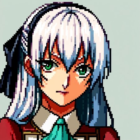 score_9, score_8_up, score_7_up, source_anime, BREAK, solo, 1girl, looking at viewer, <lora:P1-Portraits-pdxl_Fp:1>, portrait, simple background, pixel art, <lora:elie-pdxl-nvwls-v2:1>, zeroElie, black hairband, hair ribbon, long hair, ascot, uniform, long red sleeves, white dress, white hair, green eyes,