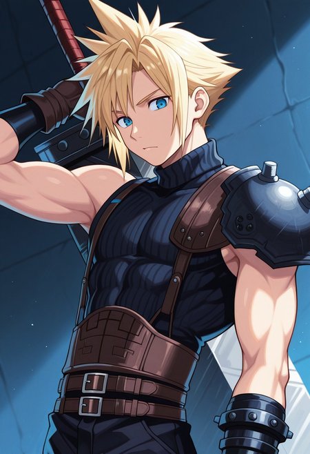 masterpiece,best quality,amazing quality, source_anime,
SoutouKumo, 1boy, male focus, solo, blue eyes, blonde hair, spiked hair, shoulder armor, single bare shoulder, sleeveless turtleneck, gloves, multiple belts,  toned male, buster sword,