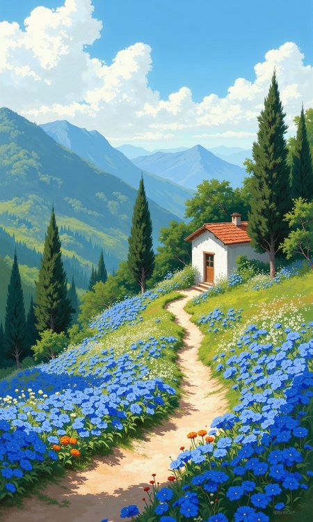 Full outdoor shot of a picturesque landscape. 
A small, white cottage with a terracotta-colored tiled roof sits nestled on a gently rising hillside.  The cottage has a simple, charming design. Trees and foliage surround the house, creating a lush, natural canopy behind it. 
The hillside is carpeted in a vibrant array of wildflowers.  A multitude of blue flowers, predominantly, are interspersed with white, and light orange/yellow flowers. The flowers are various sizes and fill out the foreground and mid-ground of the image. 
A well-defined path winds upward from the foreground towards the cottage, highlighting the sloping terrain. The ground beneath the flowers is a light brownish-green tone grass.
A bright, cloud-filled sky is overhead, with a balance of light blue and scattered white clouds. 
The mountains in the background are a muted, pastel shade of blue-gray, creating a soft contrast to the vibrant colors of the foreground. The overall impression is one of tranquility and serenity. The style appears to be an illustration or digital painting, with soft smooth transitions between colors producing a pleasing aesthetic feel.
<lora:FLUX-daubrez-DB4RZ-v2:1> DB4RZ, DB4RZ style painting