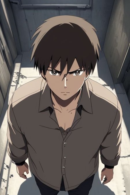 high resolution, solo, best quality, 1Boy, Takaki Toono, Brownish Hair, Brown Eyes, casual, seen from above, gangster, dominant, intimidate, OverallDetail