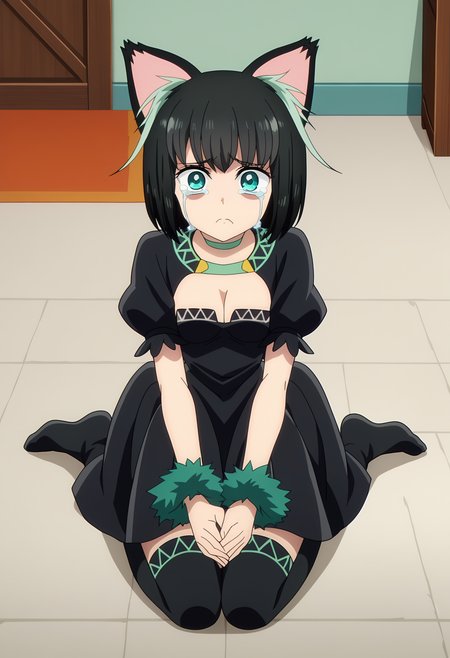 score_9, score_8_up, score_7_up,source_anime,
BREAK
1girl, solo, anime screencap, kneeling, 
<lora:shiTamaV1:1>, tamadef, short hair, black hair, multicolored hair,
animal ears, wrist cuffs, choker, black thighhighs, black dress, 
looking at viewer, begging, outstretched arms, own hands together, 
 sad ears, frown, puffy cheeks, huge_cheeks, 
crying, crying with eyes open, streaming tears,