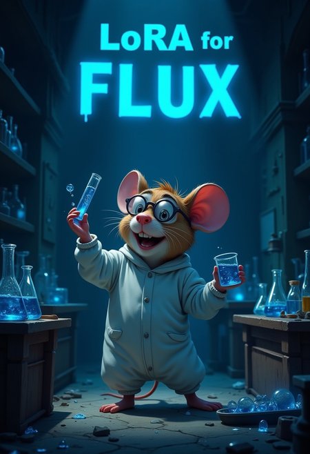 illustration, cartoon, anime, manga, drawing, 
score_9, score_8_up, score_7_up, score_6_up, score_5_up, score_4_up, Stylish blue glass text at the top of the frame: (((«LoRA for FLUX»: 1.5))), in Disney style, happy mouse Remy from the cartoon «Ratatouille» in a protective suit in a dark basement. In one paw he holds a test tube with blue liquid, and in the other - a shard of blue glass. Flasks and chemical devices are everywhere on the tables. There is also a tray with blue glass. There is steam in the air through which the light breaks through, lighting tricks, cinematic lighting, very detailed