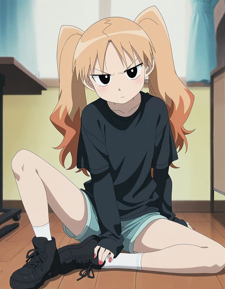 masterpiece, best quality, good quality, newest, highres, absurdres,<lora:Azumanga_style-000013:1>,azumanga_illu, style parody,anime screenshot,1girl, solo, shoes, blonde hair, sitting, twintails, shirt, shorts, nail polish, indoors, multicolored hair, short sleeves, looking at viewer, black footwear, long hair, long sleeves, black eyes, sleeves past wrists, socks,dynamic pose, depth of field, film grain,blurry edges,