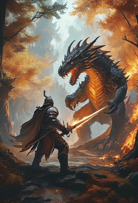 Knight fight against giant dragon, in beautiful forest, 8k  action shot, knight in full armor, knight with giant flame sword,fighting, fantasy, gigantic dragon, bosstyle,