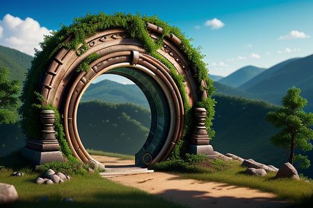 Hyperrealistic art, lush green wooded mountain pass landscape, a fantasy glowing Vivid multi-colored Runes covered made of crystals and marble Circular gate (Circular portal:1.3), fantasy, magic doorway, blue sky, Extremely high-resolution details, photographic, realism pushed to extreme, fine texture, incredibly lifelike,