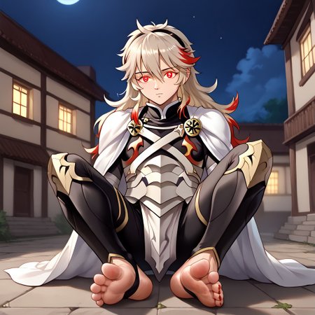 masterpiece, best quality, sharp aliasing, highly detailed, 1male, male body, male,EPfeCorrin, white cape with flames, armour, black gloves, black pants, wearing pants, outdoors, stone tiled ground, buildings, night, barefoot, toeless legwear, armoured legwear, shin armour, leg armour, leg and shin amour, stirrup legwear, black stirrups, 5 toes, Quality, High Definition, Full body view, solo, rengoku kyojuro, forked eyebrowns, long hair, two-etone hair, multicolored hair, red eyes, sword, red toenails, dirty feet, glowing eyes, sitting on chair, feet, focus, shy expression, feet, soles, looking away from viewer