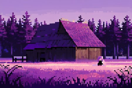 (otherworldly), highly insanely detailed, masterpiece, top quality, best quality, highres, 4k, 8k, RAW photo, (very aesthetic, beautiful and aesthetic), farm, fields, barn, fence, fantfa, <lora:FantasyFarm-10:0.5>, 
1girl, 
(lilac hair,violet hair ,streaked hair), 
(rich purple background,vibrant red background ),âââ