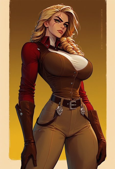 Score_9, Score_8_up, Score_7_up, Score_6, Score_5, Score_4,((best quality)) ultra detailed, aesthetic, extremely detailed eyes and face, perfect body, perfect eyes,
1girl, solo, blonde curls, early colored eyes, scar on the face, scar on the nose, scars on the body,
Slim Figure, Narrow Waist, Wide Hips, (High Breasts), big breasts, Perfect Round Breasts, Perfect Round Butt,
-- clothes -- cowboy hat, leather vest, long sleeved shirt, gloves, cowboy boots, sheriff's badge,
((wild west,Girl standing in the saloon, serious expression on her face.))