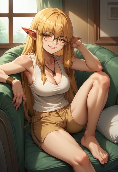 score_9, score_8_up, source_anime, 1girl, solo, Serie, long hair, hair tubes, ear bar, glasses, tank top, cleavage, necklace, sleeveless, shorts, evil smile, indoors, sitting, on couch, <lora:ChamSeriePonyXL:1>
