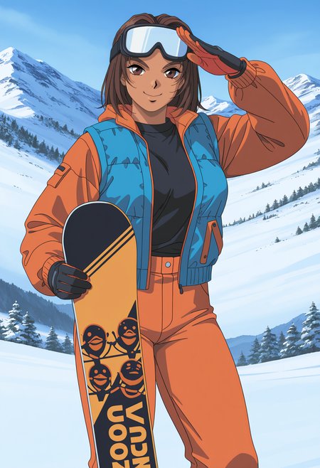 highres, best quality, masterpiece,
1girl, solo, pixel art, 1990s \(style\), brown hair, brown eyes, dark-skinned female,
<lora:_megumi_galspanic-elesico-ilxlEa_1-000016:1>  outdoors, snow, mountain, googles on head, orange jacket, open clothes, black shirt, blue vest, orange pants, two-tone gloves, black gloves, looking at viewer, smile, salute, snowboard, standing, looking at viewer,