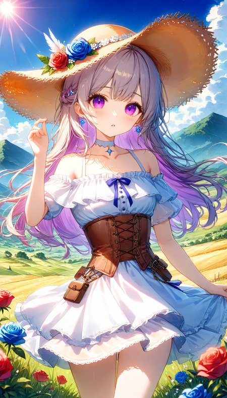 score_9_up,score_9,score_8,score_8_up,(score_7_up, score_7,score_6_up:0.8),source_anime,official art,(best quality),masterpiece,an extremely delicate and beautiful,extremely detailed,finely detail,ultra-detailed,highres,beautiful detailed,brightly colored,IRL,Fantasy,Photo,Unreal Engine 5,beautiful eyes and face,<lora:SoftWatercolors:1.2>,1girl,hat,outdoors,flower,dress,solo,long hair,purple eyes,looking at viewer,white dress,straw hat,gray hair,hat flower,rose,bare shoulders,day,sky,cowboy shot,short sleeves,blue flower,frills,parted lips,standing,corset,blush,frilled dress,field,red flower,cloud,jewelry,collarbone,blue sky,sun hat,grass,hand up,mountainous horizon,white choker,off shoulder,brown headwear,