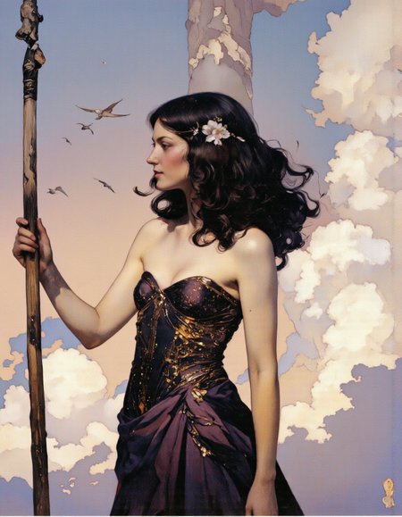 Art by Jeffrey Catherine Jones. A painting of a woman with long, wavy dark hair and a white flower in her hair, standing in the middle of the image, holding a wooden pole in her hand. she is wearing a strapless, dark purple dress with gold accents, and her expression is serene and contemplative. the background is a dreamy, ethereal sky with a few clouds and a few birds flying in the distance. the woman appears to be in her early twenties, with a slim body and a gentle smile on her face. her hair is styled in a long, curly manner, and she has a small, delicate flower tucked into her hair. the lighting is soft and warm, casting gentle shadows that accentuate her curves and the texture of her dress. the overall mood is one of calmness and serenity, with the woman's expression conveying a sense of introspection and contemplation.