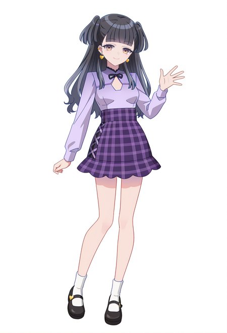 <lora:AZU NIISATA_illustrious-000036:1>,
AZU NIISATA, solo, skirt, heart earrings, full body, earrings, jewelry, socks, white socks, white background, black footwear, plaid, shirt, shoes, smile, looking at viewer, simple background, long sleeves, two side up, plaid skirt, blunt bangs, mary janes, heart, clothing cutout, purple shirt, mayuzumi fuyuko, standing, breasts, purple skirt, checkered skirt, closed mouth, waving