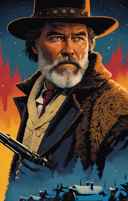 1920s commercial illustration of (The Hateful Eight film style), Modernism aesthetics, vivid colors, stunning background. dark and moody, a mesmerizing blend of light and shadow. masterpiece, absurdres, intricate details <lora:The Hateful Eight film style:0.46>, magazine cover illustration from the 1920's, exaggerated realism, a hint of caricature
