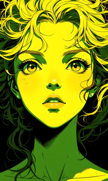The image is a highly stylized and abstract portrait of a woman's face. The color palette is dominated by shades of yellow and green, with the woman's skin appearing in a luminous yellow hue. Her eyes are large and expressive, with a piercing gaze that draws the viewer in. The eyes are detailed with intricate lines and shading, giving them a sense of depth and intensity.
The woman's hair is depicted as a mass of thin, wispy strands that seem to float around her head, adding to the ethereal quality of the image. These strands are painted in a similar yellow tone, blending seamlessly with the rest of the composition. The background is dark, which makes the bright colors of the face and hair stand out even more.
The camera appears to be positioned directly in front of the subject, capturing her face in a close-up shot. The lighting is dramatic, with strong contrasts between light and shadow. The light seems to be coming from above, casting shadows that accentuate the contours of her face. The overall effect is one of mystery and intrigue, as if the woman is emerging from the darkness.
The background is mostly dark, with no distinct features or objects. This lack of detail helps to keep the focus on the woman's face and the intricate details of her hair. The dark background also adds to the sense of depth and dimension in the image.
The composition is centered on the woman's face, with the lines of her hair and the direction of her gaze leading the viewer's eye towards the center of the image. The use of color and line creates a sense of movement and energy, making the image feel dynamic and alive. The overall effect is both striking and haunting, evoking a range of emotions in the viewer.
BREAK anime, d13s3lp2nk, bboil artist style, OBdonman, Anime art, <lora:FLUX\Anime Art V3:0.2>, <lora:FLUX\Synesthesia:0.2>, <lora:FLUX\RetroAnimeS1.1:0.5>, <lora:FLUX\Flux-jijia:0.1>, <lora:FLUX\It's a LoRA for portraits, BUT! actually specialized in backgrounds. v1.0:0.1>, <lora:FLUX\GLSHS:0.2>, <lora:FLUX\Dieselpunk Delight - s0_9 g4:0.4>, <lora:FLUX\OBdonman, anime0style portrait:0.1>