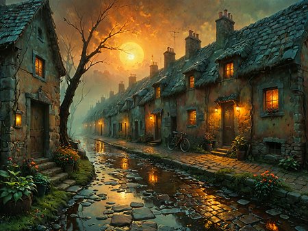 Professional photography. 

A quaint row of cottages on a cobblestone street. 

Blissful sunset hues. Warm tones, warm hues.

Atmospheric, rustic, moody.

<lora:OMG-Is-DucHaiten_v1.0:1.0>
<lora:sdxl_lora_beksinski-000018:0.1> digital artwork by Beksinski 
<lora:The_Dark_Side_of_the_Earth:0.2>
<lora:DonMP4ste11F41ryT4l3XL-000008:0.2> DonMP4ste11F41ryT4l3XL 
