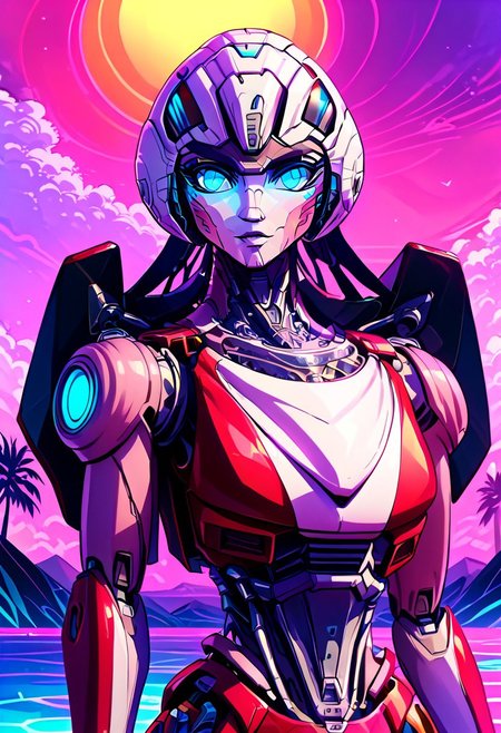 score_9, score_8_up, score_7_up, screencap, detailed eyes, looking at viewer, bust shot, multiple views, perfect face, arceerotb, autobot, 1girl, red and white body, mechanical parts, robot, helmet-like head, robotic face, glowing blue eyes, autobot symbol on forehead, fairing-like chest, wheels on back, narrow waist, synthwave, vaporwave, wave, lasers, sunset, synthwave-galaxy, unique pose, unique angle