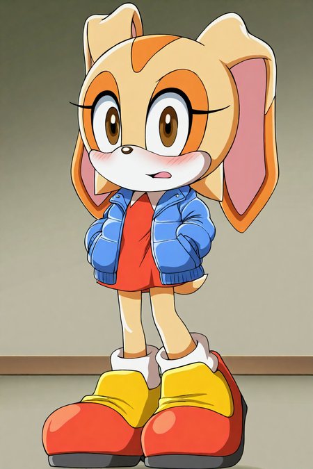 feminine, masterpiece, best quality, newest, absurdres, highres, cream the rabbit, furry, rabbit girl, rabbit ears, puffer jacket, brown eyes, looking at viewer, hands in pockets, shy, socks, shoes,
BREAK
dynamic background,   <lora:Cream_The_Rabbit_IL:1>
