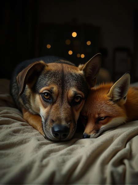 <lora:Dark_Fantasy_Anime-000021.safetensors:1> Dimly lit mysterious, from the shadows. exuding dark opulence. The atmosphere is heavy with ancient knowledge, and softly glowing orbs flicker.
A serene photograph captures an extraordinary bond between a dog and a fox as they share a tender moment. A medium-sized dog with a mottled tan and black coat lies partially on a cream-colored blanket, its expression gentle and curious. Next to it is a Red Fox with striking orange fur and intelligent amber eyes, resting its head against the dog's in an unexpected yet captivating display of companionship.