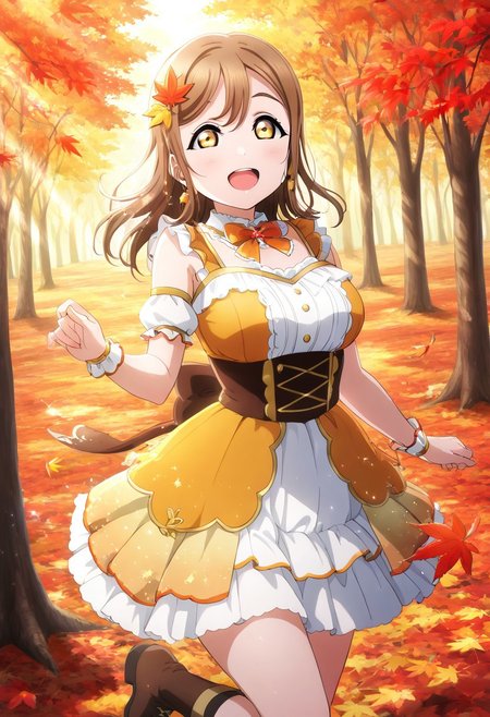 masterpiece, best quality, solo, 1girl, aged up, happy, large breasts, 
 hanamaru_kunikida, kunikida_hanamaru, brown hair, long hair, bangs, yellow eyes, autumn-themed idol costume, warm orange and gold layered dress, maple leaf accessories, brown boots, leaf-shaped earrings, forest stage with falling leaves, golden sunlight streaming through the trees, soft and nostalgic expression