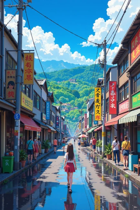 busy street with wet ground beautiful  landscape, noon, woman, very intricate, very detailed, sharp, bright, colorful, <lora:Hand v2:0.5> <lora:Anti-Blur:1><lora:Insane Detail Slider:0.25>  <lora:flux.1_lora_flyway_Epic-detail_v2:0.3> <lora:fluxenhancer:0.25> <lora:ROWER:0.8>  <lora:Anime styler:1> retro_anime