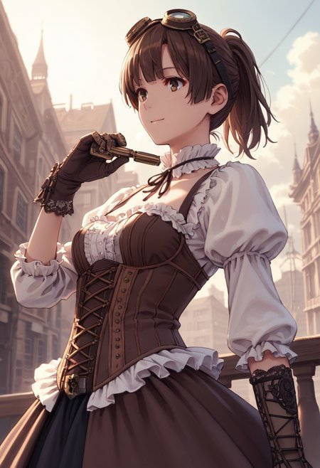 score_9, score_8_up, score_8, score_7_up, source_anime, 
1girl, katou megumi, Megumi <lora:KatoMegumi:1>,brown hair,katou megumi,brown eyes, medium breasts , short hair,  ponytail ,masterpiece, best quality, steampunk theme, victorian cityscape background, wearing a detailed steampunk dress with brass and leather accents, intricate corset, puffed sleeves, lace gloves, goggles resting on her head, holding a small pocket watch, standing near a steam-powered contraption, gears and pipes in the foreground, warm sepia tones, soft sunlight breaking through clouds, gentle smile, elegant pose, side-angle perspective, detailed textures, cinematic atmosphere, intricate mechanical elements
