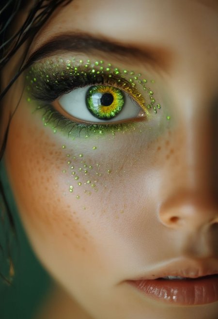 Scene, long shot, cute slender girl with fire sparkling green snake eyes , intense gaze, slumped in her bath, hand on her cheek