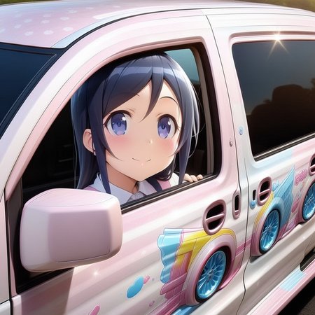 aragaki ayase,smile,vehicle focus, from side(lapping car,print car,painted car style),masterpiece,best quality, very aesthetic, absurdres,  ultra detailed  <lora:Ayase_Aragaki_-_Oreimo:0.7> <lora:lappingcar:1>