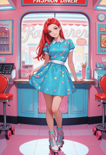 masterpiece, best quality, 8k, highres, anime coloring, pastel colors, vibrant colors, neon aesthetic, 90s miami aesthetic, colorful, bright lighting, high contrast, fashion shoot, fashion model, looking at viewer, eye-level view, 1girl, solo, long hair, red hair, black highlights, windswept hair, hair behind ear, loose hair strand, smile, greeting, head tilt, old school diner waitress, polka dot dress, roller skates, 