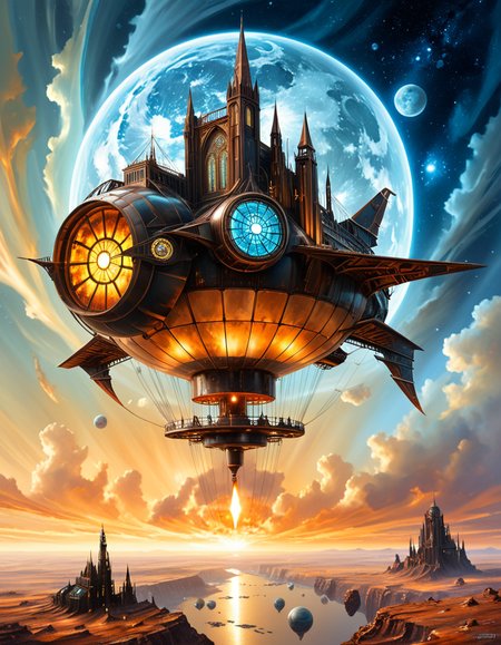 A surreal, steampunk-style painting in the style of JarosÅaw Jasnikowski, depicting a colossal, gothic-mechanical spaceship drifting through the vastness of space. The ship is inhabited by the remnants of humanity, fully transformed into biomechanical cyborgs. The vessel is an ornate fusion of cathedral-like architecture and industrial machinery: bronze towers, rotating gears, stained glass panels glowing with alien light, and massive turbines spinning slowly in zero gravity. Cyborg figures walk along the outer hull, tethered by glowing cables, maintaining the vessel as it glides through a star-filled void. Their bodies are a blend of flesh and complex mechanical systemsâcogs, tubes, exposed circuitry, and metallic limbsâall designed in an absurd, baroque fashion. The backdrop is a deep cosmic expanse with nebulas, stars, and shattered planetary fragments floating around. The lighting is dramatic, with reflections bouncing off polished metal surfaces, casting surreal, elongated shadows. The scene conveys both grandeur and loneliness, emphasizing the transformation of humanity into a forgotten, drifting civilization. The atmosphere is deeply symbolic, with Jasnikowskiâs signature distorted perspective and dreamlike, metaphysical tone.<lora:SDXLFaeTastic2400:0.4> <lora:extremely_detailed:0.4> extremely detailed, <lora:JarosÅaw_J4sn1k0wsk1_r1:1>,JarosÅaw J4sn1k0wsk1, Masterpiece,best quality,hi res,8k,hi res,8k,award winning,(sharp focus, intricate, highly detailed),