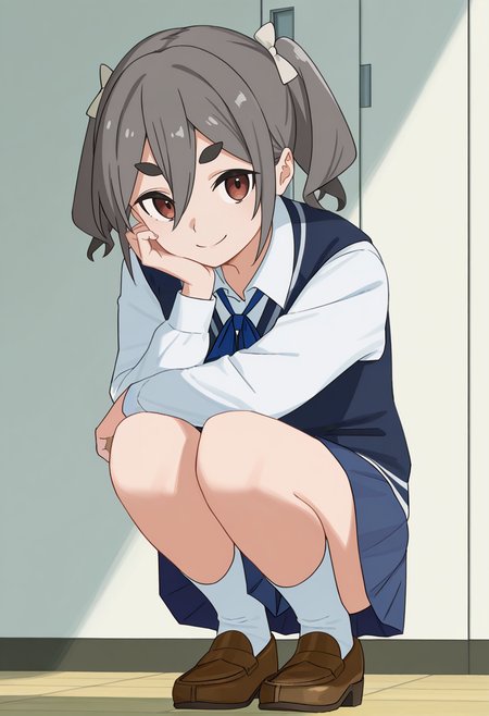 <lora:An KIRIYAMA_Illustrious-000038:1>,
An KIRIYAMA,1girl,squatting,solo,smile,socks,shirt,brown footwear,shoes,school uniform,ribbon,skirt,white shirt,long sleeves,loafers,white socks,vest,closed mouth,thick eyebrows,blue skirt,looking_at_viewer