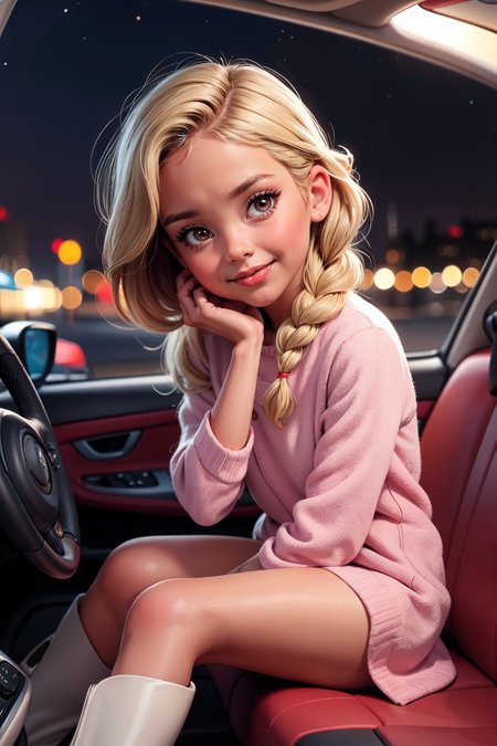 sultry, blush, watercolor style,  mascara, lipstick,  extra long shirt, bottomless, thigh high boots, (night:1.2), bokeh, distinct facial features, blonde, asymmetrical braid, car passenger seat,looking at viewer, head tilt,  smile, pov, shallow depth of field, vignette, highly detailed,  <lora:MarcelMarlier:0.7> marlier