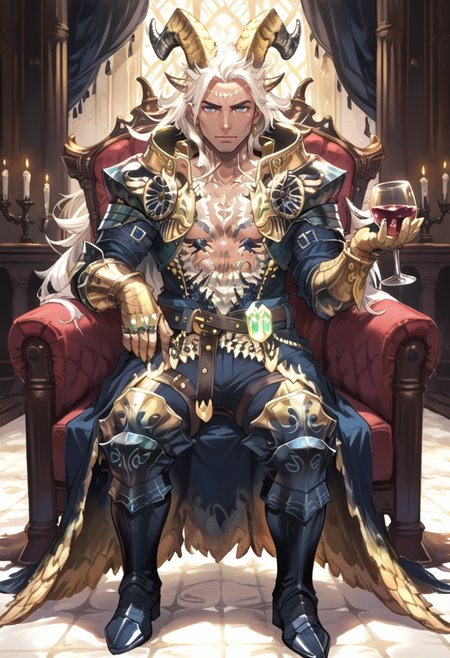(score_9:0.9),score_8_up,score_7_up,rating_safe,anime style,(zPDXL),<lora:EX Kulve Taroth Alpha male ponyXL v1:0.81>,ex kulve taroth alpha armor,1boy,solo,gold horns,dark-skinned male,full body,gold gauntlets,grey hair,sitting,looking at viewer,very long hair,gold pauldrons,male focus,large pectorals,muscular male,sketch,black knee boots,holding wine glass,castle,