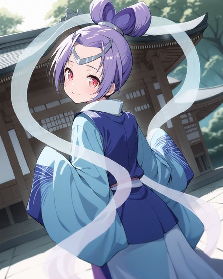 1girl,
AshikiriSyakoOreshika,
safe, solo, perspective, dutch angle,
short girl, circlet, smile,
looking back,
japanese clothes, kimono, sleeves past wrists,
hagoromo,
outdoors, east asian architecture, shrine,
depth of field,
<lora:kp_AshikiriSyakoOreshikaAnimagineXL_v1_0:1.0>
masterpiece, high score, great score, absurdres